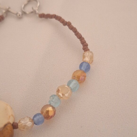 Artisan Beaded Kazuri Ceramic Bead and Blue Brown Glass Crystal Bracelet - Picture 4 of 6